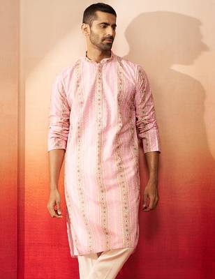 Men peach cotton sequin embroidered kurta - premium festive glitz traditional wear 2