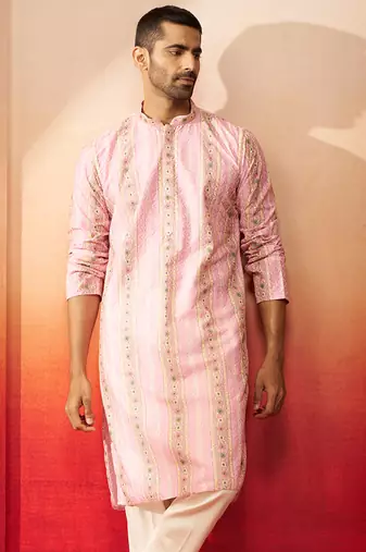 Men peach cotton sequin embroidered kurta - premium festive glitz traditional wear
