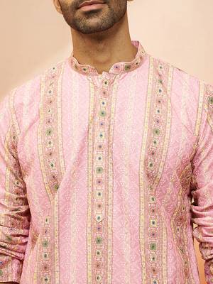 Men peach cotton sequin embroidered kurta - premium festive glitz traditional wear 3