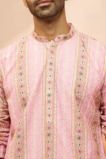 Men peach cotton sequin embroidered kurta - premium festive glitz traditional wear