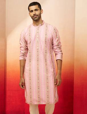 Men peach cotton sequin embroidered kurta - premium festive glitz traditional wear 4