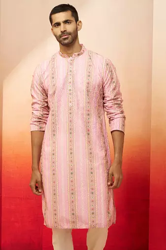 Men peach cotton sequin embroidered kurta - premium festive glitz traditional wear