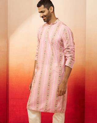 Men peach cotton sequin embroidered kurta - premium festive glitz traditional wear 5