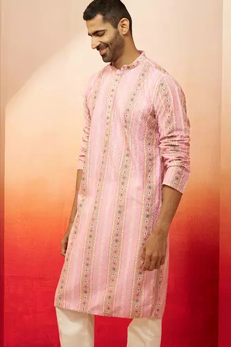 Men peach cotton sequin embroidered kurta - premium festive glitz traditional wear