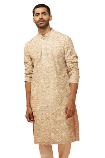 Men green cotton floral sequin embroidered kurta - premium digital print festive wear