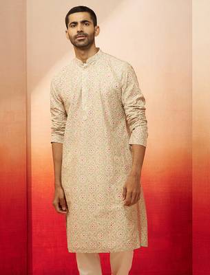 Men green cotton floral sequin embroidered kurta - premium digital print festive wear 2