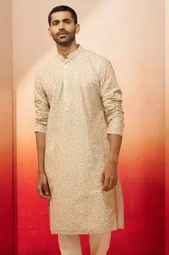Men green cotton floral sequin embroidered kurta - premium digital print festive wear