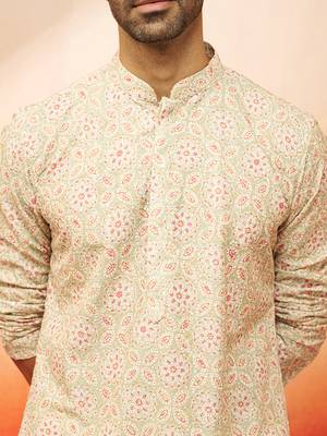 Men green cotton floral sequin embroidered kurta - premium digital print festive wear 3