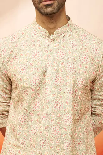 Men green cotton floral sequin embroidered kurta - premium digital print festive wear