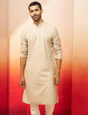 Men green cotton floral sequin embroidered kurta - premium digital print festive wear 4