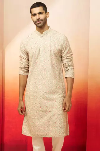 Men green cotton floral sequin embroidered kurta - premium digital print festive wear