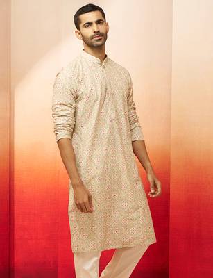 Men green cotton floral sequin embroidered kurta - premium digital print festive wear 5