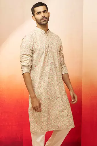 Men green cotton floral sequin embroidered kurta - premium digital print festive wear