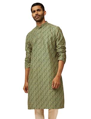 Men green cotton gems work kurta - premium digital floral print festive wear 1