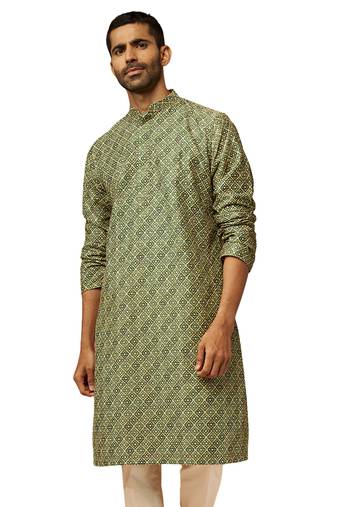 Men green cotton gems work kurta - premium digital floral print festive wear