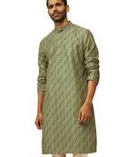 Men green cotton gems work kurta - premium digital floral print festive wear