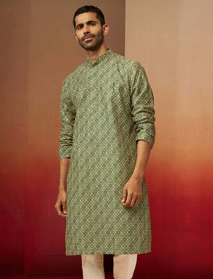 Men green cotton gems work kurta - premium digital floral print festive wear 2