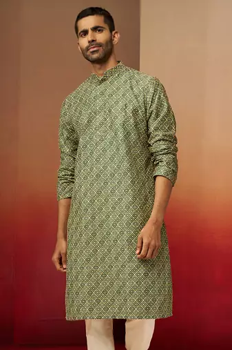 Men green cotton gems work kurta - premium digital floral print festive wear