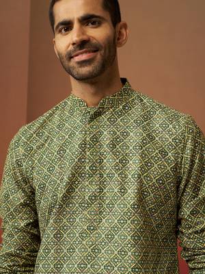 Men green cotton gems work kurta - premium digital floral print festive wear 3
