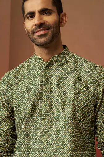 Men green cotton gems work kurta - premium digital floral print festive wear
