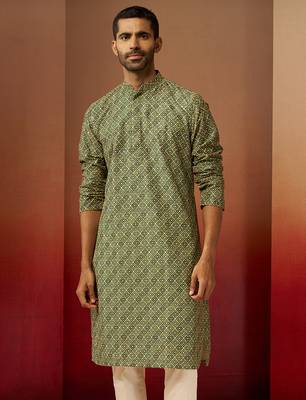 Men green cotton gems work kurta - premium digital floral print festive wear 4