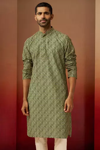 Men green cotton gems work kurta - premium digital floral print festive wear