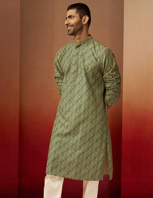 Men green cotton gems work kurta - premium digital floral print festive wear 5