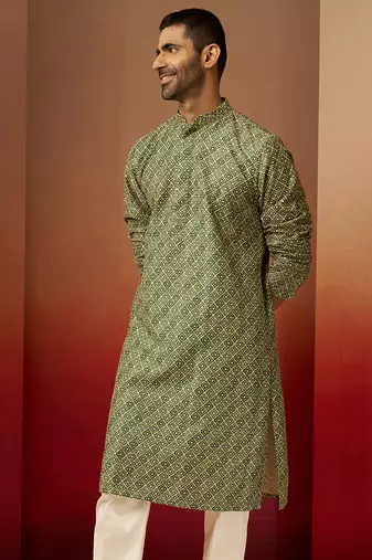 Men green cotton gems work kurta - premium digital floral print festive wear