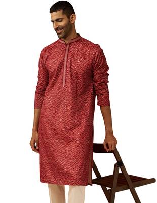 Men red cotton bandhani embroidered kurta - premium gems work traditional wear 1