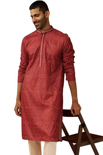Men red cotton bandhani embroidered kurta - premium gems work traditional wear