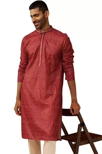 Men red cotton bandhani embroidered kurta - premium gems work traditional wear