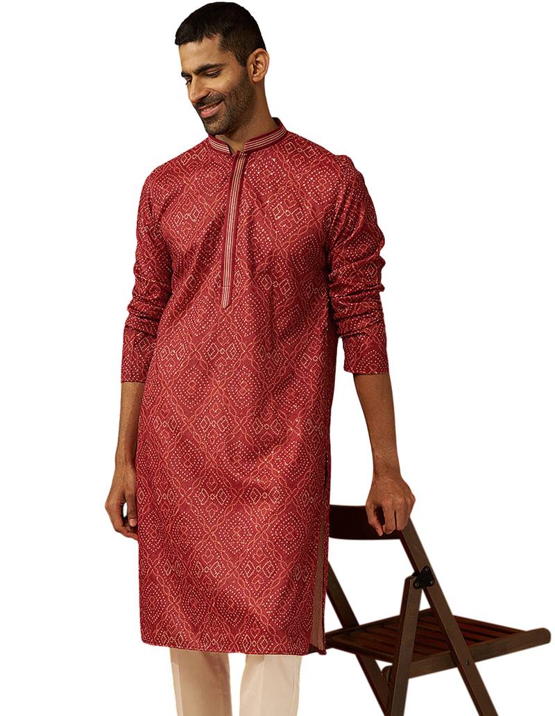 Men red cotton bandhani embroidered kurta - premium gems work traditional wear