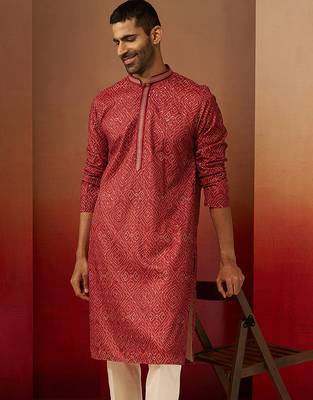 Men red cotton bandhani embroidered kurta - premium gems work traditional wear 2