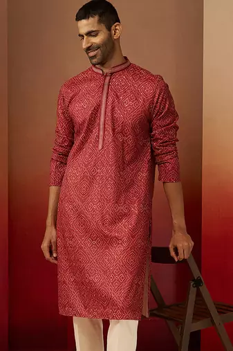 Men red cotton bandhani embroidered kurta - premium gems work traditional wear