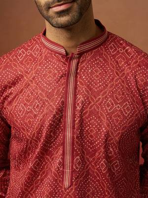 Men red cotton bandhani embroidered kurta - premium gems work traditional wear 3