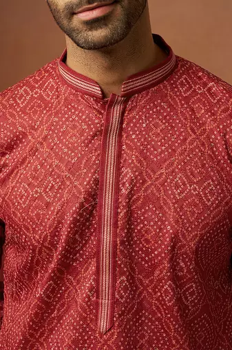 Men red cotton bandhani embroidered kurta - premium gems work traditional wear