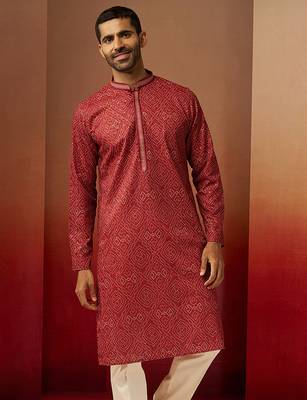 Men red cotton bandhani embroidered kurta - premium gems work traditional wear 4
