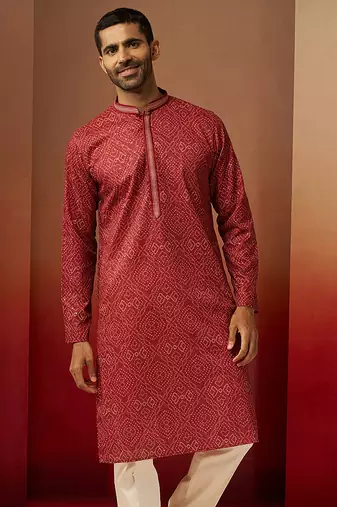 Men red cotton bandhani embroidered kurta - premium gems work traditional wear
