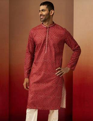 Men red cotton bandhani embroidered kurta - premium gems work traditional wear 5