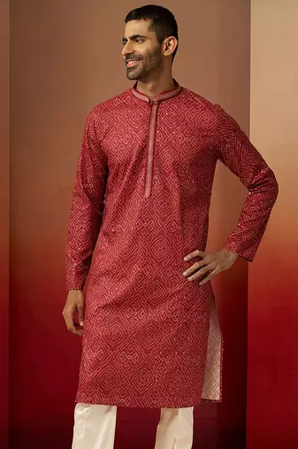 Men red cotton bandhani embroidered kurta - premium gems work traditional wear