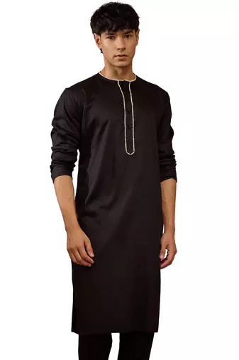 Mens black cotton millennium kurta lace detail - navratri festive wear