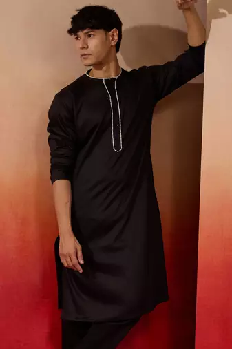 Mens black cotton millennium kurta lace detail - navratri festive wear