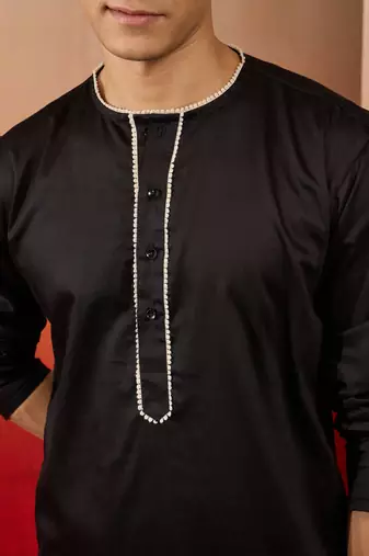 Mens black cotton millennium kurta lace detail - navratri festive wear