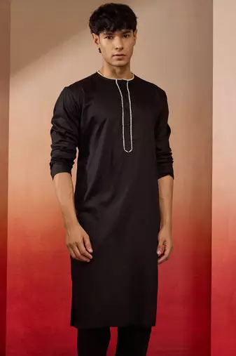 Mens black cotton millennium kurta lace detail - navratri festive wear