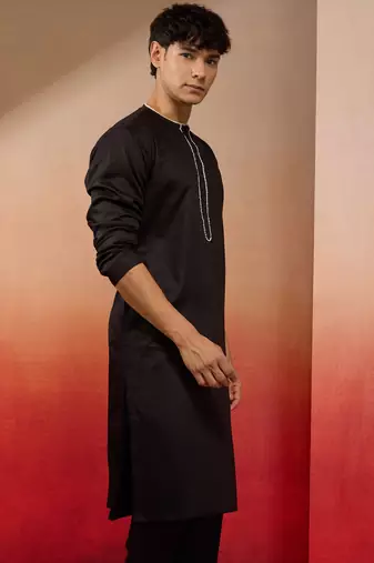 Mens black cotton millennium kurta lace detail - navratri festive wear