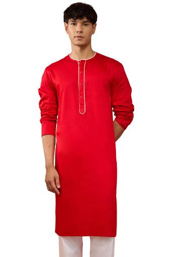 Mens red cotton millennium kurta lace detail - navratri festive wear