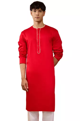 Mens red cotton millennium kurta lace detail - navratri festive wear