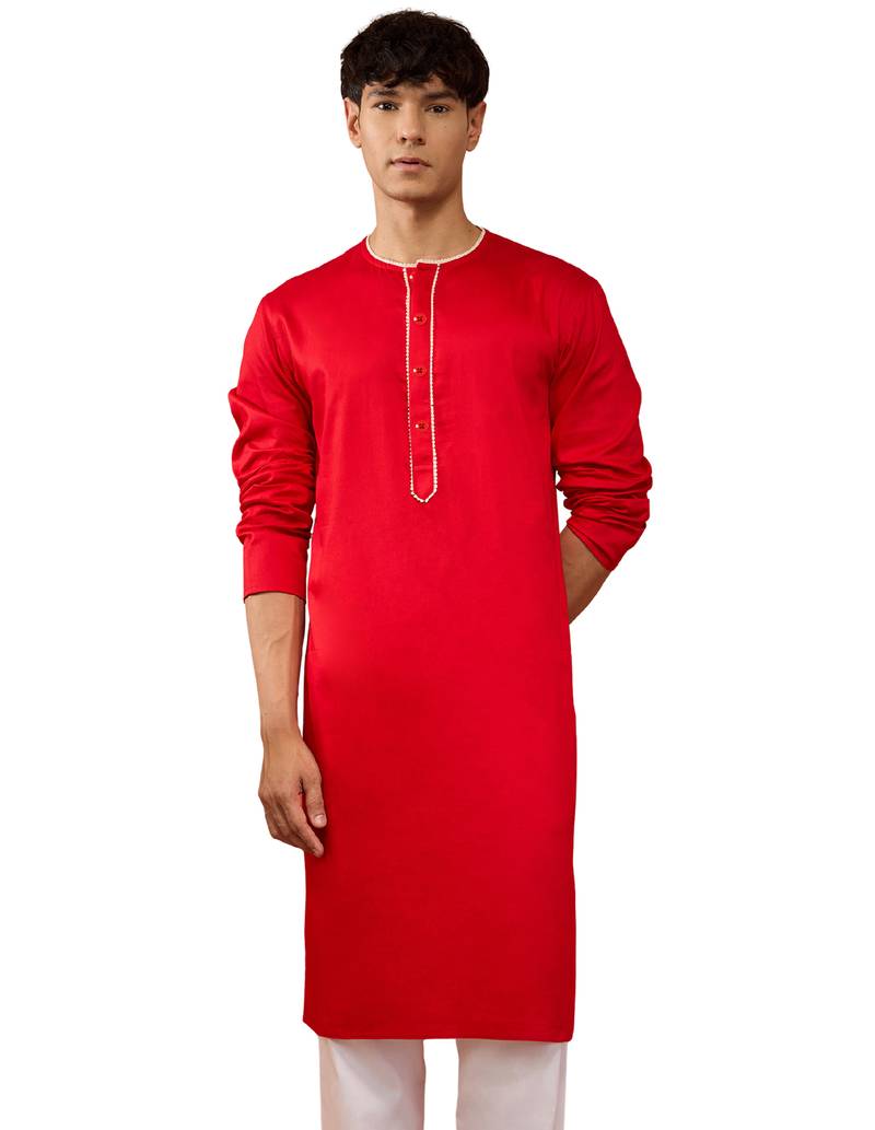 Mens red cotton millennium kurta lace detail - navratri festive wear