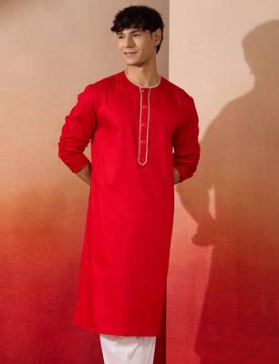 Mens red cotton millennium kurta lace detail - navratri festive wear 2