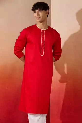Mens red cotton millennium kurta lace detail - navratri festive wear